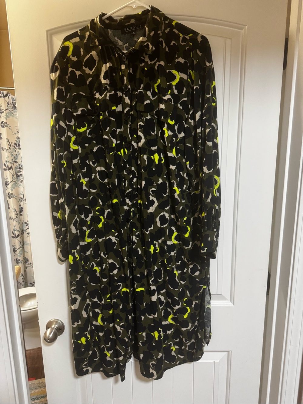 Eloquii Olive & Black Leopard Print Shirt Dress with Neon Yellow Accents - Picture 8 of 8